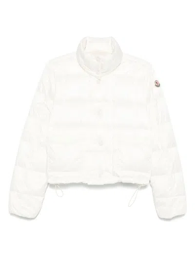 Moncler White Crop Down Jacket With Drawstring In Sand