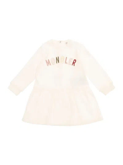 Moncler Kids' White Dress With Logo Lettering In Cotton Blend Baby