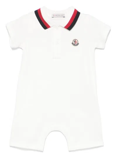Moncler White Jumpsuit With Logo Patch On The Chest And Contrast Collar In Cotton Baby