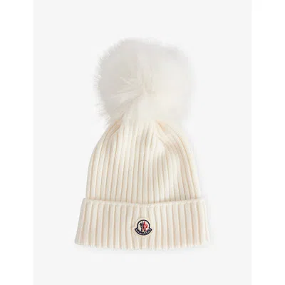 Moncler White Kids' Pom-pom Knitted Virgin-wool Beanie Hat In Neutral