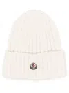 Moncler Ribbed Beanie With Embroidered Logo Detail In Neutral