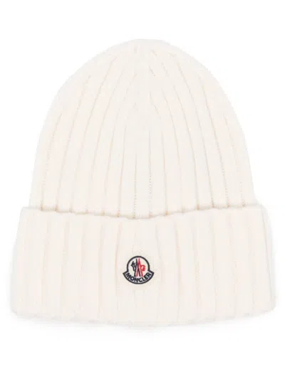 Moncler White Logo Patch Beanie Hat