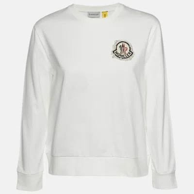 Pre-owned Moncler White Logo Patch Cotton Crewneck Sweatshirt S