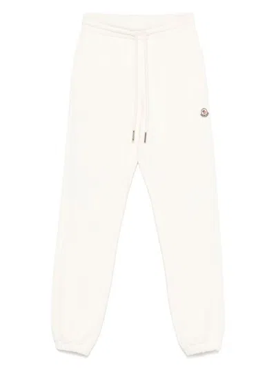 Moncler White Logo Patch Trousers With Coulisse In Sand