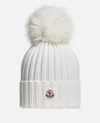 Moncler White Logo Ribbed Texture Beanie Hat In White