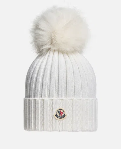 Moncler White Logo Ribbed Texture Beanie Hat