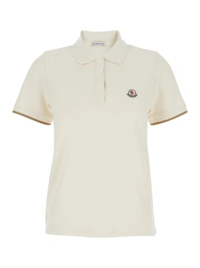 Moncler White Polo Shirt With Logo Patch On The Front In Cotton Woman