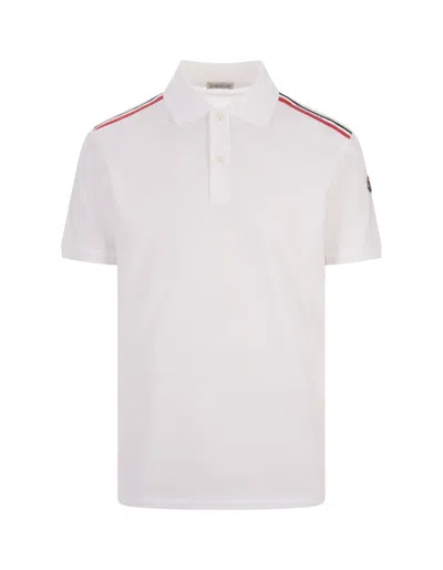 Moncler White Polo Shirt With Tricolour On Shoulders