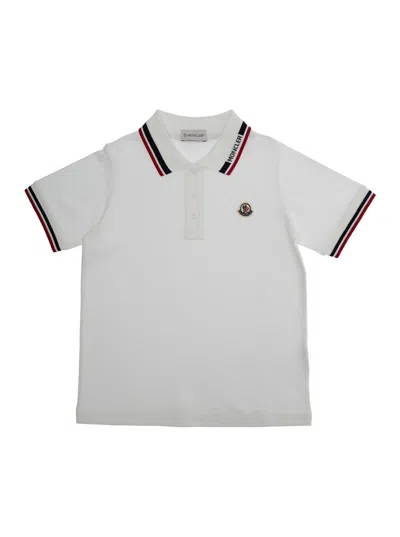 Moncler Kids' White Polo With Lettering Logo On The Collar And Logo Patch On The Chest In Cotton Boy