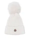 Moncler Ribbed Wool Beanie With Faux Fur Pom In White