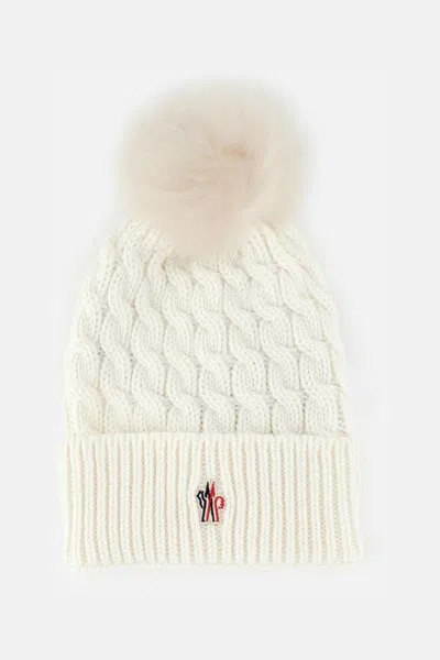 MONCLER WHITE POM POM TEXTURED BEANIE HAT