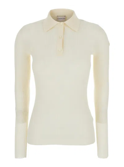 Moncler White Ribbed Polo Shirt With Logo Patch Applied On The Sleeve In Cotton Blend Woman