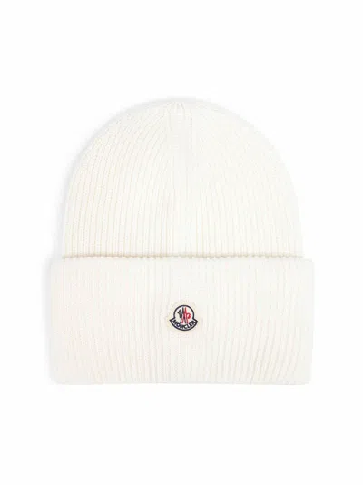 Moncler White Ribbed Wool Beanie