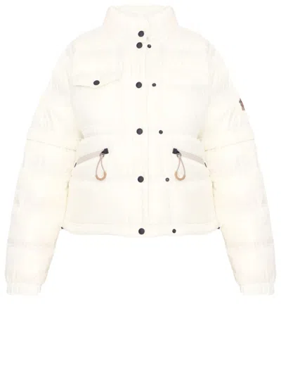 Moncler White Short Down Jacket With Logo Patch And Packable Hood In Neutral