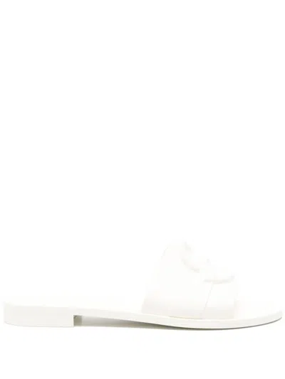 MONCLER WHITE SLIPPERS WITH APPLIQUÉ LOGO