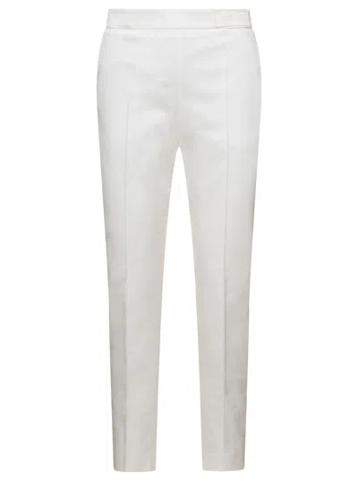 MONCLER WHITE STRAIGHT PANTS WITH TONAL LOGO PATCH IN STRETCH COTTON WOMAN