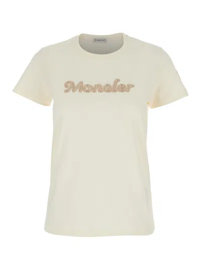 Moncler White T-shirt With Embroidered Logo On The Front And Logo Patch On The Sleeve In Cotton Woma In Beige
