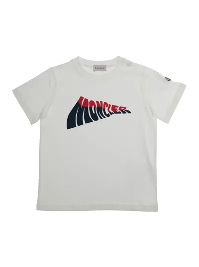 Moncler Kids' White T-shirt With Logo Print On The Front And Logo Patch On The Sleeve In Cotton Boy