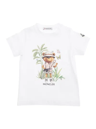 Moncler Kids' White T-shirt With Maxi Logo Print On The Front And Button Closure On The Sleeve In Cotton Stretch B