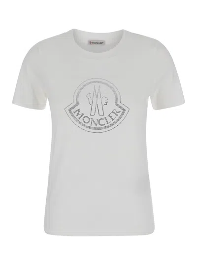 Moncler White T-shirt With Rhinestone Logo In Cotton Woman