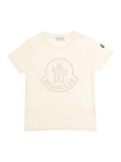 Moncler Kids' White T-shirt With Rhinestone Logo Print In Cotton Boy
