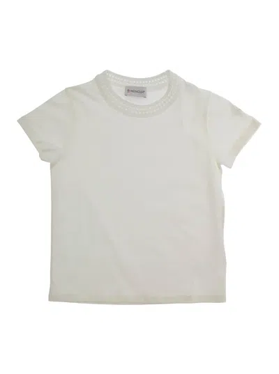 Moncler Kids' White T-shirt With Round Neck And Logo Patch On The Sleeve In Cotton Girl In Neutral