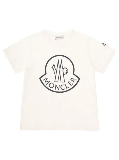 Moncler Kids' White T-shirt With Round Neck, Logo On The Front, And Logo Patch On The Sleeve In Cotton Boy