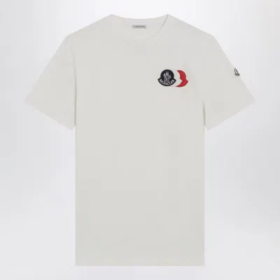 Moncler White Tshirt With Embroidered Tricolor Logo In Multi