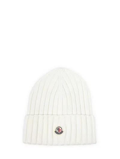 Moncler White Virgin Wool Knit Logo Beanie