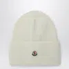Moncler White Wool Beanie With Logo Patch In Neutral