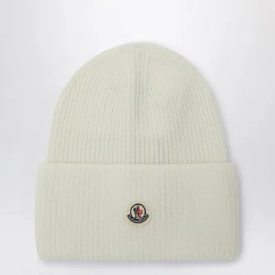 Moncler White Wool Beanie With Logo Patch