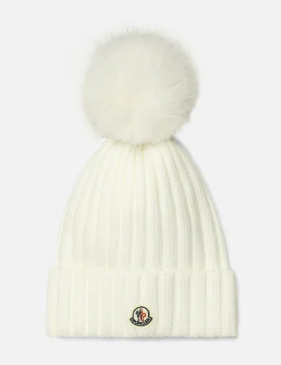 Moncler White Wool Beanie With Pom Pom