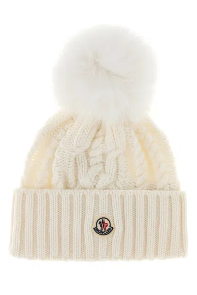 Moncler Cozy Wool Blend Beanie With Pom Detail In White