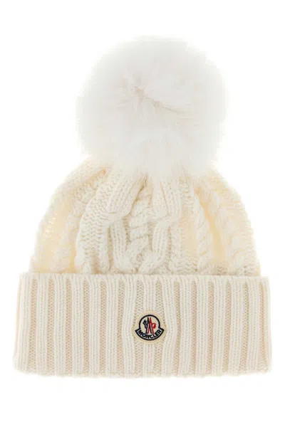MONCLER WHITE WOOL BLEND BEANIE HAT
