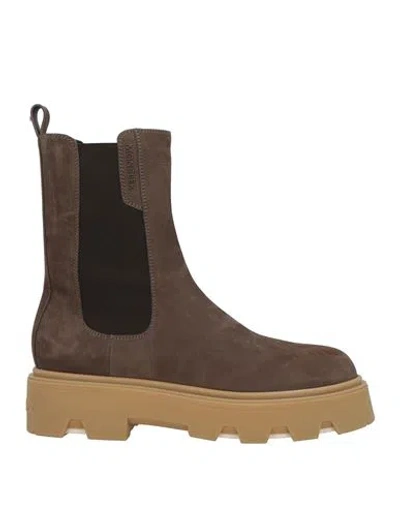Moncler Woman Ankle Boots Chocolate Brown Size 7.5 Leather, Textile Fibers