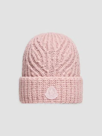 Moncler Wool Blend Ribbed Beanie Hat In Pink