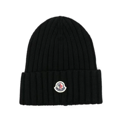 MONCLER WOMEN BLACK LOGO BEANIE CAP