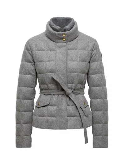 MONCLER MONCLER WOMEN BUSSETTES WOOL BLEND BELTED SHORT DOWN JACKET GREY