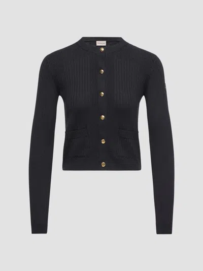 Moncler Women's Cardigan In Wool Blend With Logo In Leather In Blue