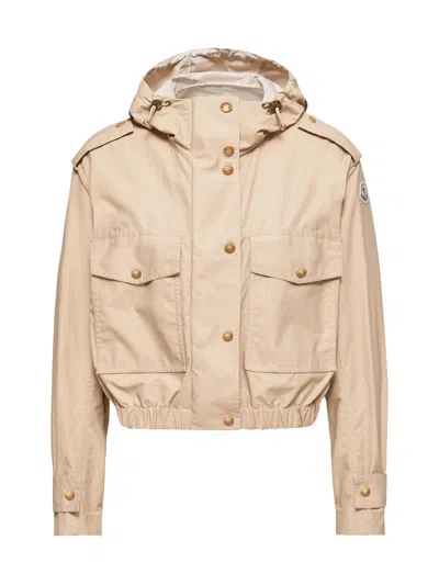 Moncler Carex Cropped Hooded Cotton-blend Poplin Jacket In Neutral