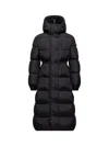 Moncler The Long Down Jacket With Hood And Wool Trims In Black
