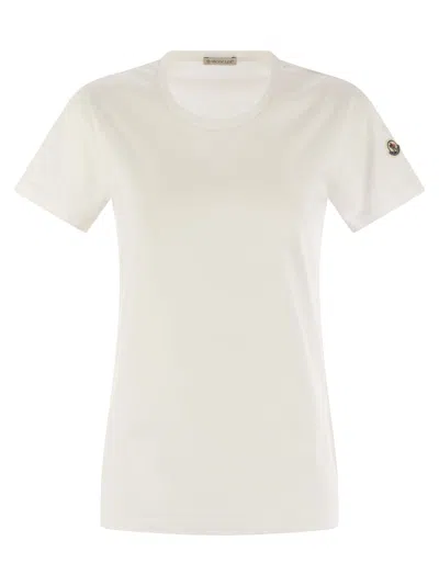 Moncler Women Cotton Jersey T-shirt With Logo Patch In Neutrals