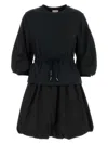 Moncler Black Dress With Elastic Waist And Logo Patch On The Sleeve In Tech Fabric Woman