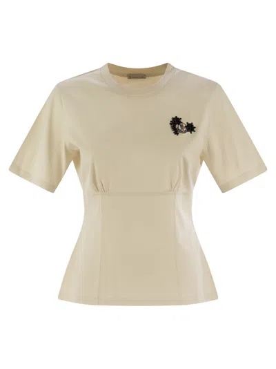 Moncler Women Cotton T-shirt With Handmade Beads In Beige