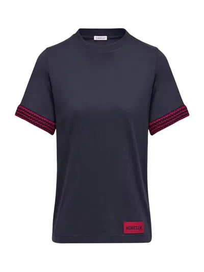 Moncler Women Crochet-trimmed Cotton Logo T-shirt Navy In Blue