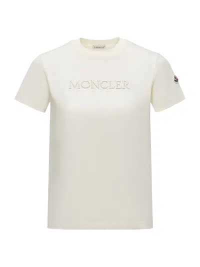 Moncler Women Embroidered Tonal Logo Cotton T-shirt Ivory