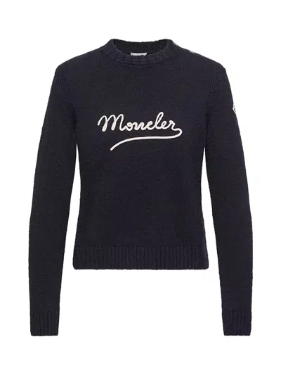 Moncler Embroidered Logo Cotton Blend Sweater In Blue