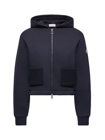 Moncler Women Knit Accent Cotton Zip-up Hoodie Navy