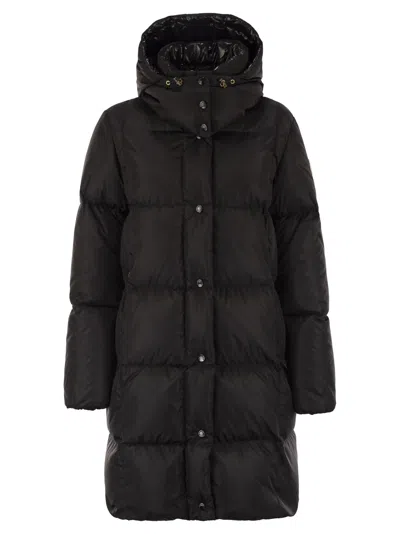 Moncler Women Litte - Long Down Jacket With Square Quilting And Hood In Black