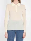 Moncler White Ribbed Polo Shirt With Logo Patch Applied On The Sleeve In Cotton Blend Woman In White